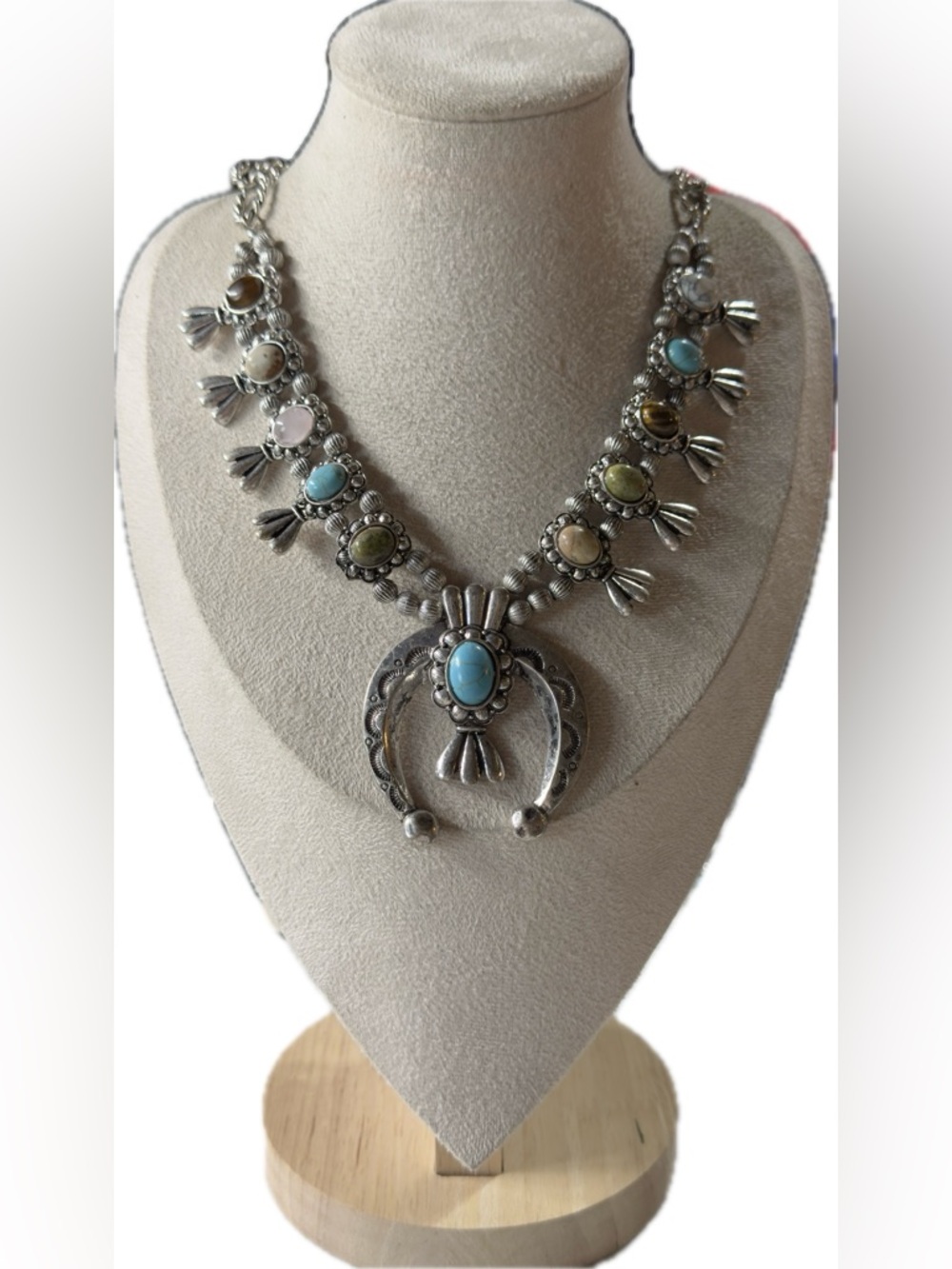 12” Multi-Stone Silver Squash Blossom Necklace - Turquoise & Pastel Stones